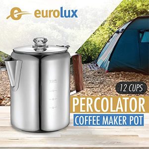 Eurolux Percolator Coffee Maker Pot - 12 Cups | Durable Stainless Steel Material | Brew Coffee On Fire, Grill or Stovetop | No Electricity, No Bad Plastic Taste | Ideal for Home, Camping & Travel