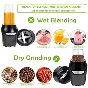 1000W Personal Bullet Blender for Shake and Smoothie, Healnitor Nutri Large Size Mixer with Blending and Grinding Blades for Kitchen, Tritan 32+15 Oz Travel Bottles for Fruits, Vegetables, Coffee, Black