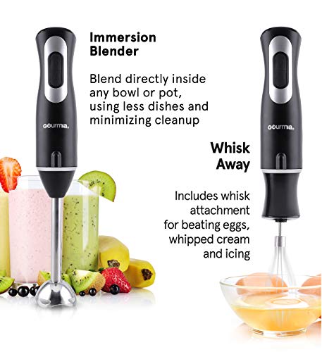 Gourmia GHB2360 12 Speed Illuminating Immersion Hand Blender with Turbo Mode - Comfortable Ergonomic Handle - Whisk Attachment Included - Integrated LED Spotlight - 300 Watt Motor - Black