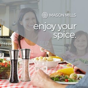 Prefilled Stainless Steel Salt and Pepper Grinder Two Piece Set - Includes Himalayan Salt and Quality Black Pepper - Glass and Stainless Steel Mill - Large Capacity Shakers - Top Loading By Mason Mil