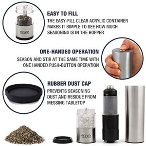 Electric Salt or Pepper Grinder - Battery Operated Ceramic Burr Peppermill Shaker - Automatic Stainless Steel Grinders - Mill With LED Light by Eparé
