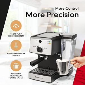 Espresso Machine & Cappuccino Maker with Milk Steamer- 7 pc All-In-One Barista Bundle Set w/ Built-In Milk Frother (Inc: Coffee Bean Grinder, Milk Frothing Cup, Spoon/Tamper & 2 Cups), Silver