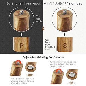 Wooden Salt and Pepper Grinder Set - Acacia Wood Pepper Mill & Salt Grinder with Adjustable Coarseness - Adding Wood Spoon and Cleaner Tool - Perfect Salt and Pepper Shakers Gift (8 