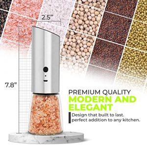 Electric Pepper Grinder Rechargeable, Automatic Gravity Salt Mill with Adjustable Coarseness, Brushed Stainless Steel, Ceramic Blades and Refillable Ergonomic Glass - USB cable included (silver)