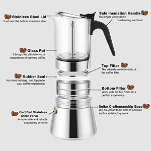Grasseed Luxurious Crystal Glass & Stainless Steel Moka Pot, Stovetop Espresso Maker for Flavored Strong Coffee, Italian Cafetera suitable for all types of hobs-Dishwasher Safe-6 Espresso Cup/240 ml/8.5 oz
