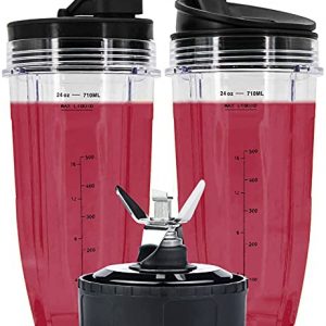 24 oz Cups Compatible with Nutri Ninja Auto IQ Series Blender, Pro Replacement Parts with 2 Type Lids, 7 Fins Extractor Blade, Compatible for BL450-30, BL456-30, BL481-30, BL482-30, BL487, NN100 etc