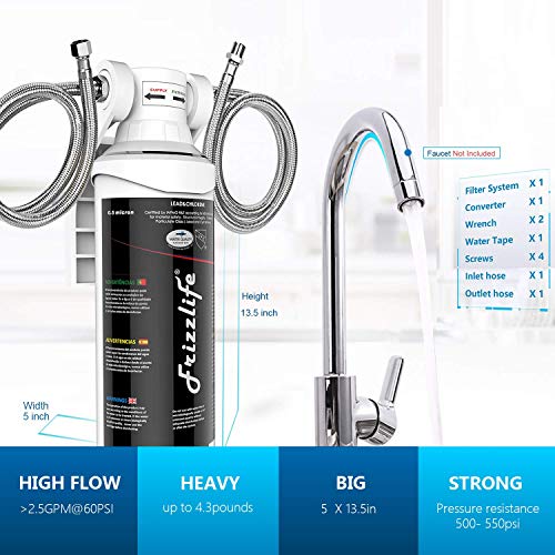 Frizzlife Under Sink Water Filter System-NSF/ANSI 53&42 Certified High Capacity Direct Connect Under Counter Drinking Water Filtration System-0.5 Micron Removes 99.99% Lead, Chlorine, Bad Taste & Odor