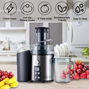 Kognita Centrifugal Juicer，Juicer Machines Extractor 1100W with Big Adjustable Mouth 3”Feed Chute Stainless-steel Filter LCD monitor and 39 OZ Easy Clean Juicer Machine Included Brush