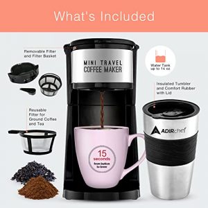 ADIRchef Mini Travel Single Serve Coffee Maker & 15 oz. Travel Mug Coffee Tumbler & Reusable Filter For Home, Office, Camping, Portable Small and Compact (Black)