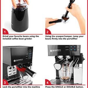Espresso Machine, Latte & Cappuccino Maker- 10 pc All-In-One Espresso Maker with Milk Steamer (Incl: Coffee Bean Grinder, 2 Cappuccino & 2 Espresso Cups, Spoon/Tamper, Portafilter w/ Single & Double Shot Filter Baskets), 1250W, (Black)
