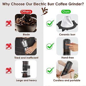 Portable Electric Cordless Burr Coffee Grinder(1600mAh), 10 OZ Low Temperature Slow Conical Burr Coffee Bean Grinder with Multi Grind Setting for Camping, Espresso, Drip, Pour Over French Press