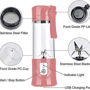Portable Juicer Blender, USB Travel Juice Cup Baby Food Mixing Machince with Updated 6 Blades with Powerful Motor 4000mAh Rechargeable Battery,13Oz Bottle(Pink)
