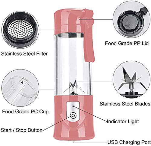Portable Juicer Blender, USB Travel Juice Cup Baby Food Mixing Machince with Updated 6 Blades with Powerful Motor 4000mAh Rechargeable Battery,13Oz Bottle(Pink)