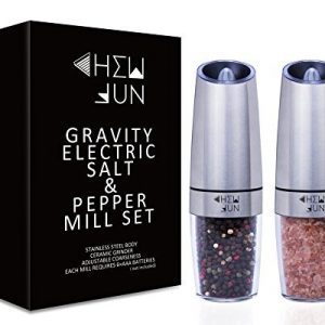 Gravity Electric Salt and Pepper Grinder Set with Adjustable Coarseness Automatic Pepper and Salt Mill Battery Powered with Blue LED Light,One Hand Operated,Brushed Stainless Steel by CHEW FUN