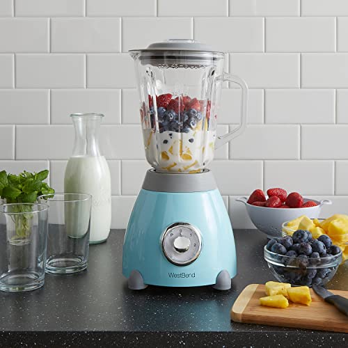 West Bend Blender Retro-Styled 3 Speeds with 48 oz Glass Blending Jar and Stainless Steel Blade, 500-Watts, Blue