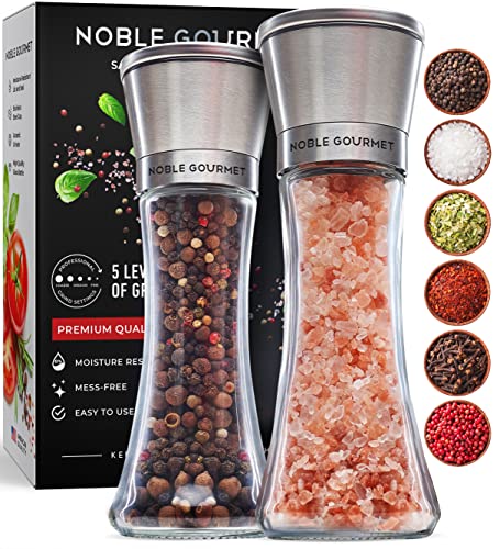 Salt & Pepper Grinder Set of 2 - Refillable Mills & Shakers - For Pink Himalayan & Sea Salt, Black Peppercorn, Spices - Stainless Steel, Large Glass - Adjustable Ceramic Coarse - Premium Gift Box Pack