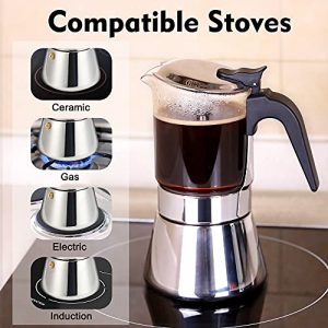 Grasseed Luxurious Crystal Glass & Stainless Steel Moka Pot, Stovetop Espresso Maker for Flavored Strong Coffee, Italian Cafetera suitable for all types of hobs-Dishwasher Safe-6 Espresso Cup/240 ml/8.5 oz
