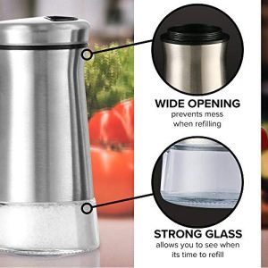Salt and Pepper Shakers set - Spice Dispenser with Adjustable Pour Holes - Stainless Steel & Glass - Set of 2 Bottles By Smart House Inc