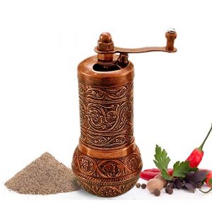 Salt and Black Pepper Grinder, Refillable Spice Grinder, Vintage Turkish Pepper Mill, Authentic Salt Grinder with Adjustable Coarseness, 4.2 in (Antique Copper)