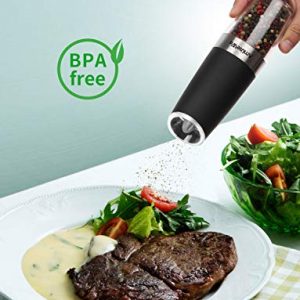 Gravity Electric Pepper Grinder or Salt Grinder Mill【White Light】- Battery Operated Automatic Pepper Mill with Light, Adjustable Coarseness, One Handed Operation, Cleaning Brush, Black by AmuseWit