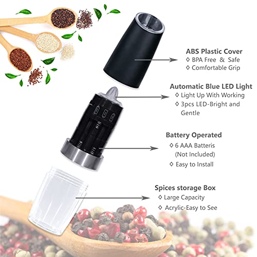 2 Pack Gravity Electric Salt and Pepper Grinder Set Automatic Battery Powered Salt Mill, Adjustable Coarseness, with Blue LED Light, One Hand Operated