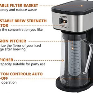 Iced Tea Maker (Upgrade) with 3 Quart Fruit Infusion Flavor Glass Pitcher, Ice Tea Maker & Coffee Brewing System with Strength Selector, Loose Tea Filter, Brew Basket, Perfect For Customized Fruit Tea, Coffee and Flavored Water