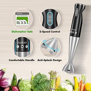 SAYESO Hand Blender, (New Version) 4-in-1 Multifunctional Electric Immersion Blender with Ballon Whisk, 16oz Chopper Bowl and BPA-Free Beaker for Baby Food, Shakes, Smoothies, Sauces, Soup and More