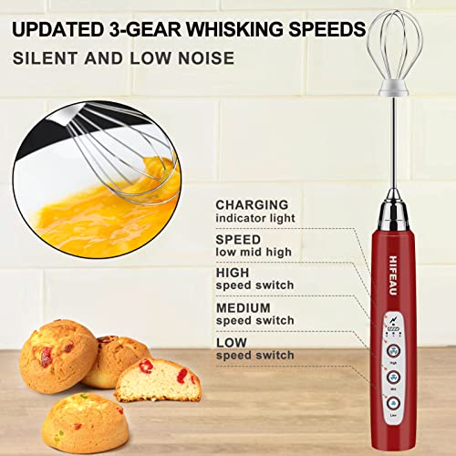 Milk Frother Handheld with 3 Heads, Coffee Whisk Foam Mixer with USB Rechargeable 3 Speeds, Electric Mini Hand Blender for Latte, Cappuccino, Hot Chocolate, Egg - Red