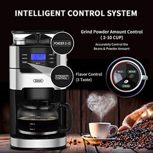 10-Cup Drip Coffee Maker, Grind and Brew Automatic Coffee Machine with Built-In Burr Coffee Grinder, Programmable Timer Mode and Keep Warm Plate, 1.5L Large Capacity Water Tank,900W, Black (Aluminum, 10 Cup)