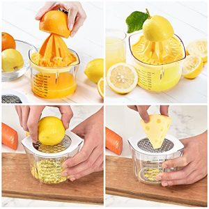 Lemon Squeezer Manual Juicer, 5 in 1 Multi-Function Citrus Juicer, 1Easylife Lime Orange Juicer with Measuring Cup, Grater, Anti-Slip Reamer and Ice Tray, Fresh Fruit Juice Press for Bar, Kitchen