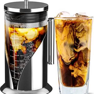 Cafe Du Chateau Cold Brew Coffee Maker - 34 Ounces - Air Tight Seal with Faster Steep Time - Ice Tea and Coffee Glass Pitcher - Stainless Steel Iced Coffee Maker Press - Iced Coffee Brewer