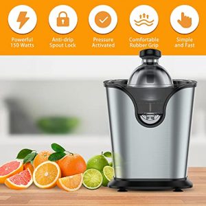 Ainclte Electric Citrus Juicer Squeezer Stainless Steel 150 Watts of Power for Orange Lemon Lime Grapefruit Juice with Soft Rubber Grip, Filter and Anti-drip Spout Lock - Black, Black/Stainless Steel