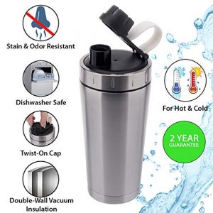 Stainless Steel Protein Shaker Bottle Insulated Keeps Hot/Cold Dishwasher Safe/Double Wall/Odor Resistant/Sweatproof/Leakproof/BPA Free 20 oz (Silver)