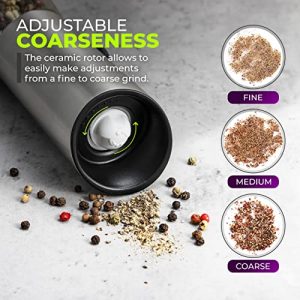Electric Pepper Grinder Rechargeable, Automatic Gravity Salt Mill with Adjustable Coarseness, Brushed Stainless Steel, Ceramic Blades and Refillable Ergonomic Glass - USB cable included (silver)