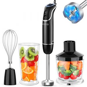 KOIOS Upgraded Immersion Hand Blender, 4 in 1 Electric Handheld Blender, 800W Copper Motor, 12-Speed and Turbo Mode, Splash proof Blender Shaft with Silver 304 Stainless Steel Blade, Egg Whisk, BPA-Free 500ml Food Processor Container and 600ml Beaker making Smoothie, Baby Food, Sauces, Puree, Soup
