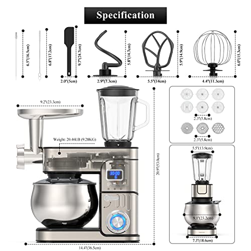 6-IN-1 Stand Mixer, 1200W LCD Display Kitchen Electric Mixer, 6.5QT Stainless Steel Bowl Mixer, Multi-Function Kitchen Mixer With Dough Hook, Whisk, Beater, Meat Grinder, Blender, Splash Guard