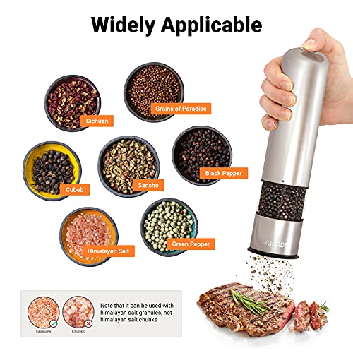 Electric Salt and Pepper Grinder Set - Automatic, Refillable, Battery Operated Stainless Steel Spice Mills with Light - One Handed Push Button Peppercorn Grinders and Sea Salt Mills
