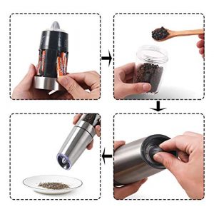 Finnhomy Gravity Electric Salt and Pepper Grinder set, Automatic Operation Pepper and Salt Mill with Stand, Adjustable Coarseness, Battery Powered with LED Light, One Hand Automatic Operation, 2 Pack