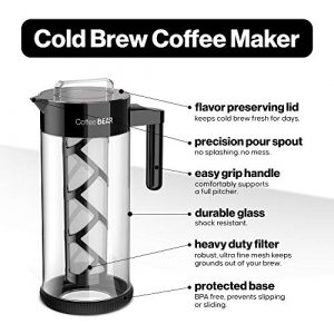Coffee Bear – Cold Brew Coffee Maker and Tea Brewer, Borosilicate Glass Pitcher with Mesh Filter, 1.3L (44oz)