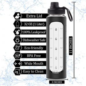 32 oz Glass Water Bottle with Time Marks and Black Silicone Sleeve - EXTRA LID, 32 Ounce Motivational Water Bottles for Hydration, Reusable, Wide Mouth, Leakproof, 1 Liter Glass Drinking Bottle, BPA Free