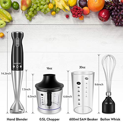 SAYESO Hand Blender, (New Version) 4-in-1 Multifunctional Electric Immersion Blender with Ballon Whisk, 16oz Chopper Bowl and BPA-Free Beaker for Baby Food, Shakes, Smoothies, Sauces, Soup and More