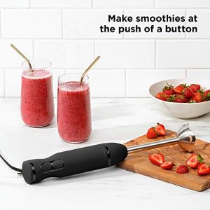 Chefman Immersion Stick Blender Includes Stainless Steel Shaft & Blades Powerful Ice Crushing 2-Speed Control One Hand Mixer, Soft Touch Grip, Black