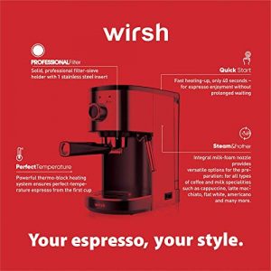 Wirsh Espresso Machine, 15 Bar Espresso Maker with Milk Frother for Espresso, Latte and Cappuccino, Expresso Coffee Machine with 42 oz removable water tank, Stainless Steel