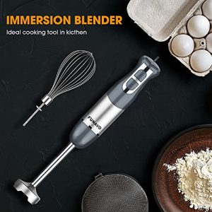 Immersion Hand Blender, FUNAVO 5-in-1 Multi-Function 12 Speed 800W Stainless Steel Handheld Stick Blender with Turbo Mode, 600ml Beaker, 500ml Chopping Bowl, Whisk, Frother Attachments, BPA-Free