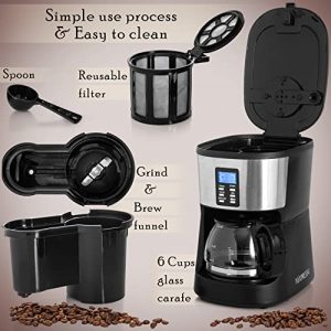 Mixpresso 5-Cup Drip Coffee Maker Programmable Grind & Brew Auto Start Coffee Maker with Built–in Coffee Grinder, Glass Carafe, Washable Coffee Filter & Scoop Included, Coffee Grinder And Maker All In One