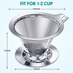 Laiyeoy Pour Over Coffee Dripper, Slow Drip Paperless Coffee Filter, Stainless Steel Pour Over Coffee Maker for Single Cup Brew, Double Mesh Design of Manual Reusable Cone Filter.