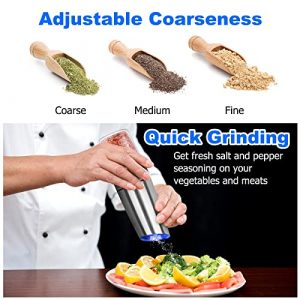Salt and Pepper Grinder Electric Gravity Grinder, Refillable Automatic One-Hand Operated Pepper and Salt Mill Set with Adjustable Coarseness and LED light, Battery-Operated 2 Pack