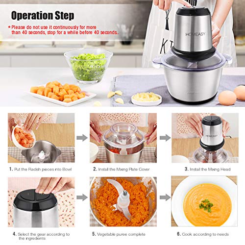 HOMEASY Meat Grinder Electric, Food Processor 2L Stainless Steel Meat Blender Food Chopper for Meat, Vegetables, Fruits and Nuts with 4 Sharp Blades, 350W, 8 Cups, 110V