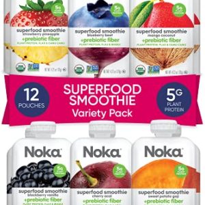 Noka Superfood Smoothie Pouches (Variety) 12 Pack, with Plant Protein, Prebiotic Fiber & Flax Seed, Organic, Gluten Free, Vegan, Healthy Fruit Squeeze Snack Pack, 4.22oz Ea