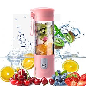USB Electric Safety Juicer Cup, Fruit Juice mixer, Mini Portable Rechargeable Juicing Mixing Crush Ice Smoothie Travel Blender Mixer Machine ,350-420ml Water Bottle (Pink)